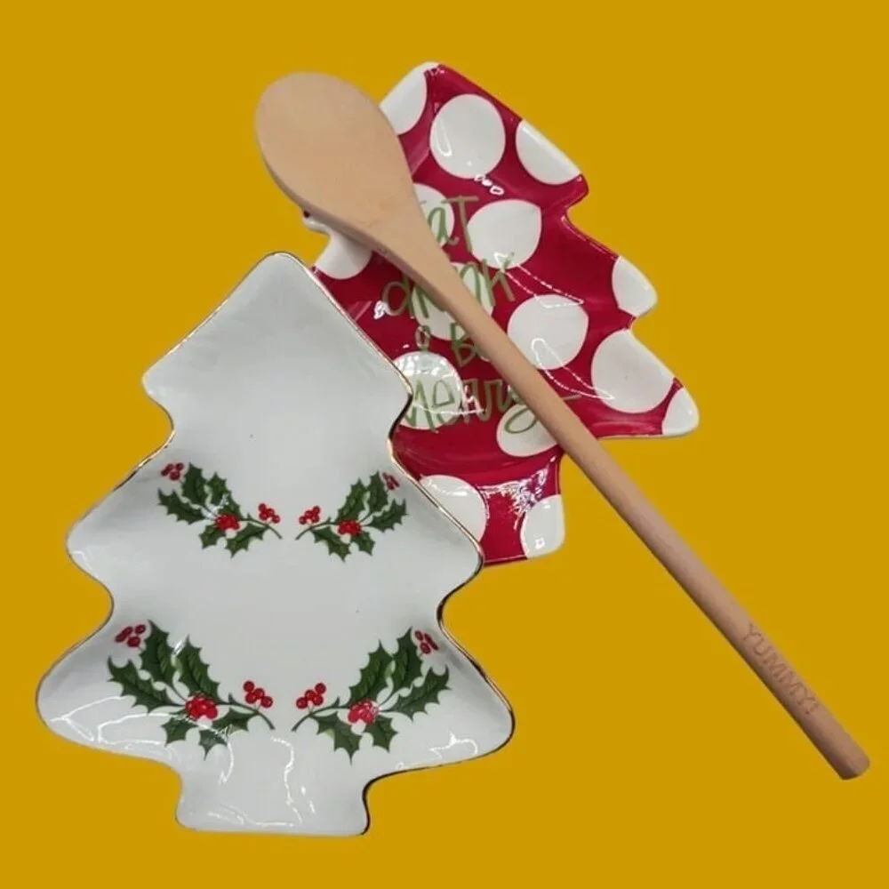 Stacy claire & christmas holy 2 spoon rest with wooden spoon red & wht